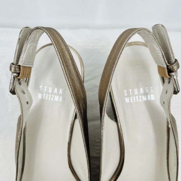 Stuart Weitzman Gold Peep Toe Slingback Wedges, Size 7, Luxury Coastal Grandma - Picture 9 of 10